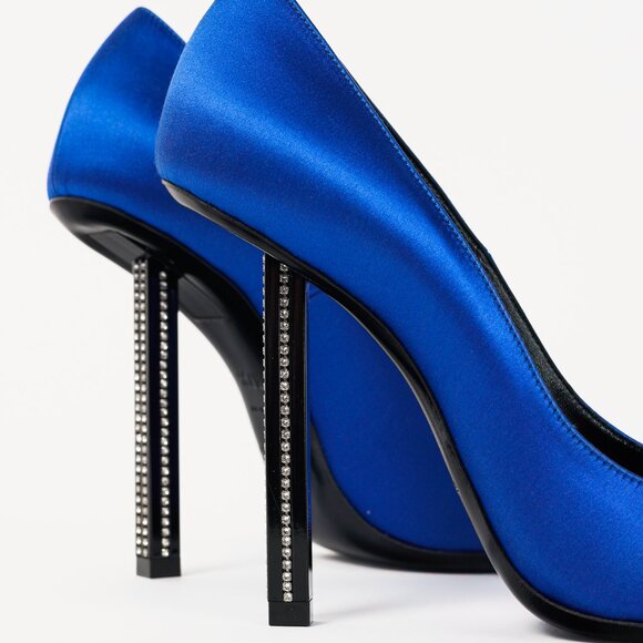 Saint Laurent Tower 110 Bleu Silk Satin Strass-Embellished Pointed-Toe Pumps - Picture 8 of 12